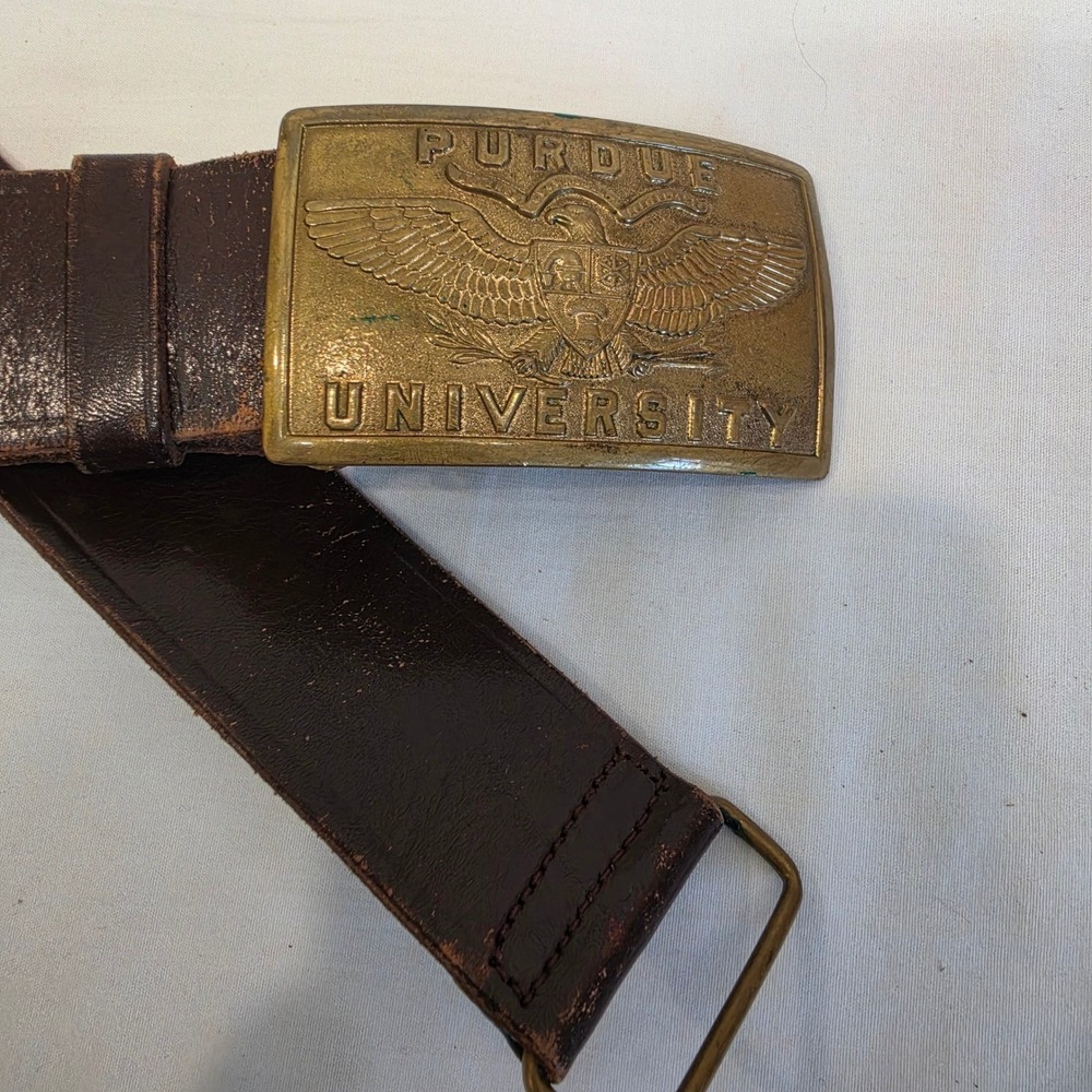 Vintage Purdue University Brass Belt Buckle & Full Grain Cowhide Belt Size 34